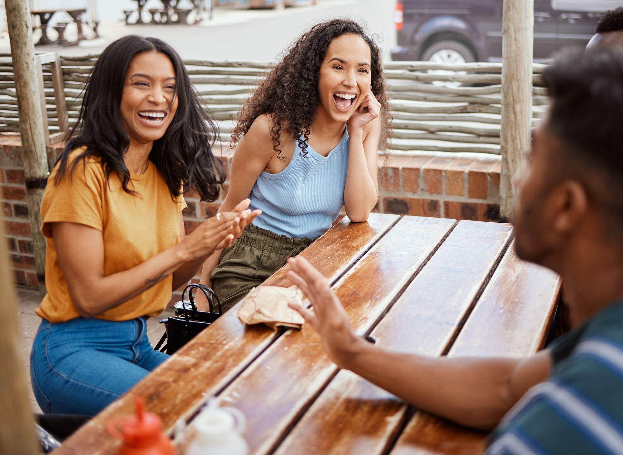 Friends outside at restaurant